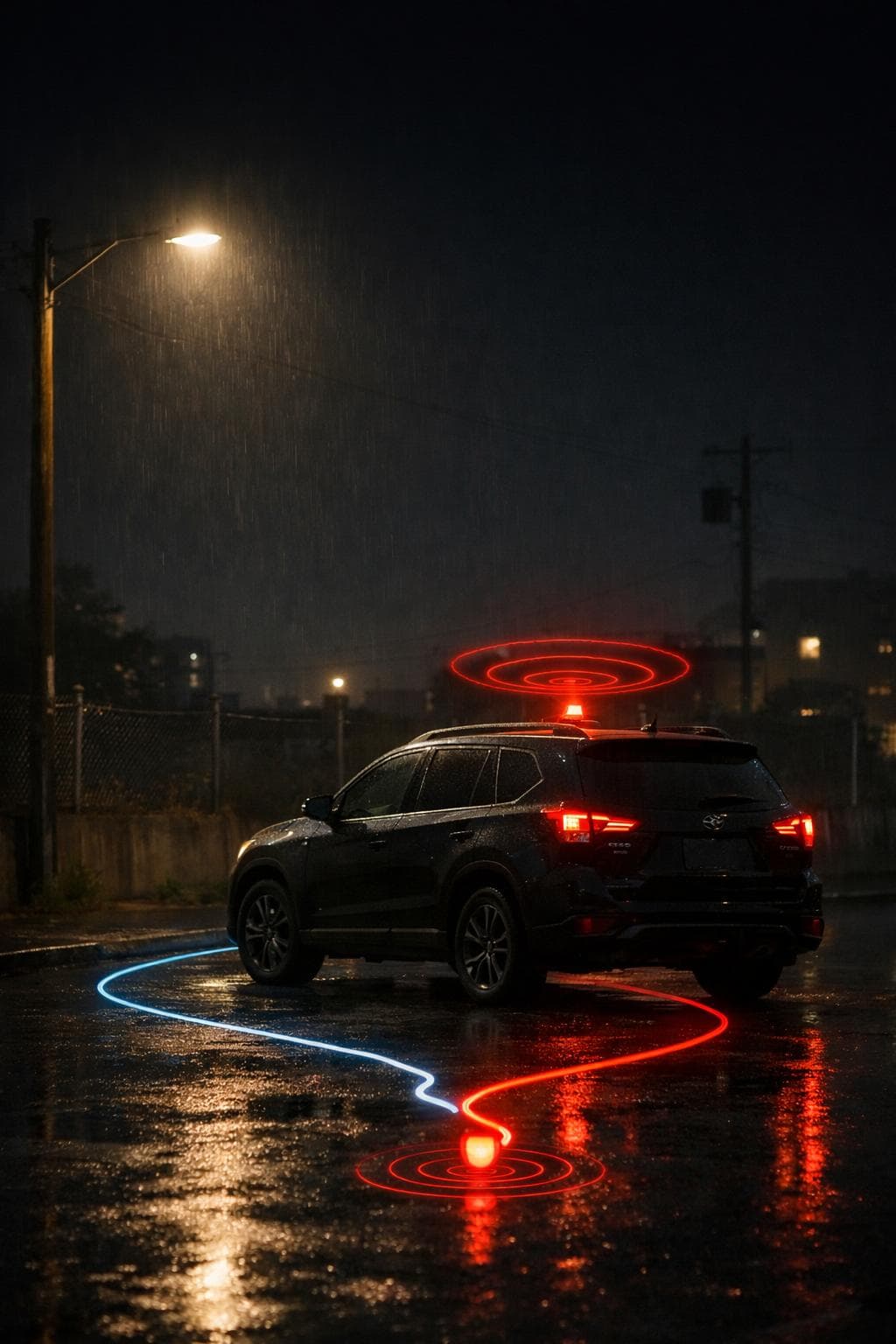 Vehicle at night with location tracking signals