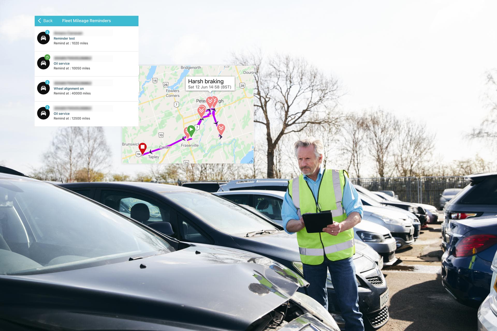 Redtail Fleet App interface showing vehicle tracking on a map