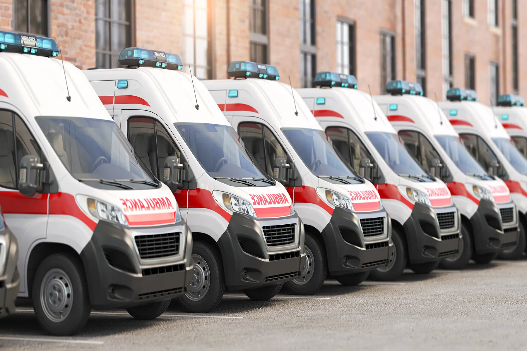 Ambulances lined up outside a response facility