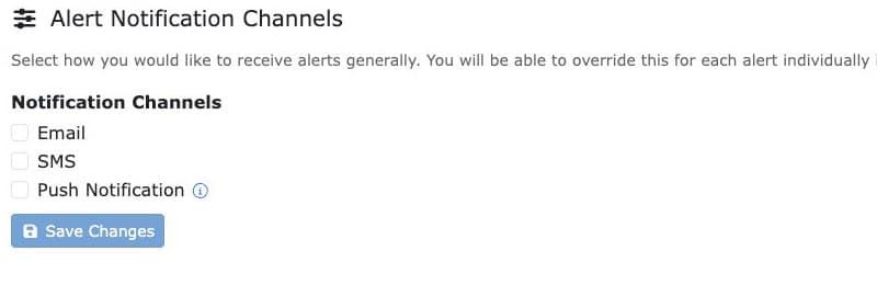 Redtail notification controls offering email, SMS and push notification channels