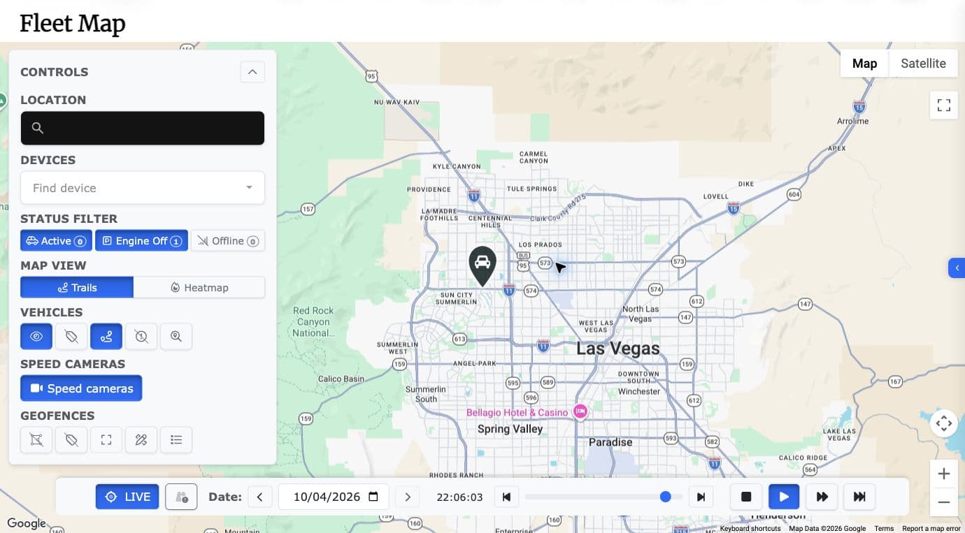 Current Redtail fleet map with status filters, vehicle visibility and replay controls
