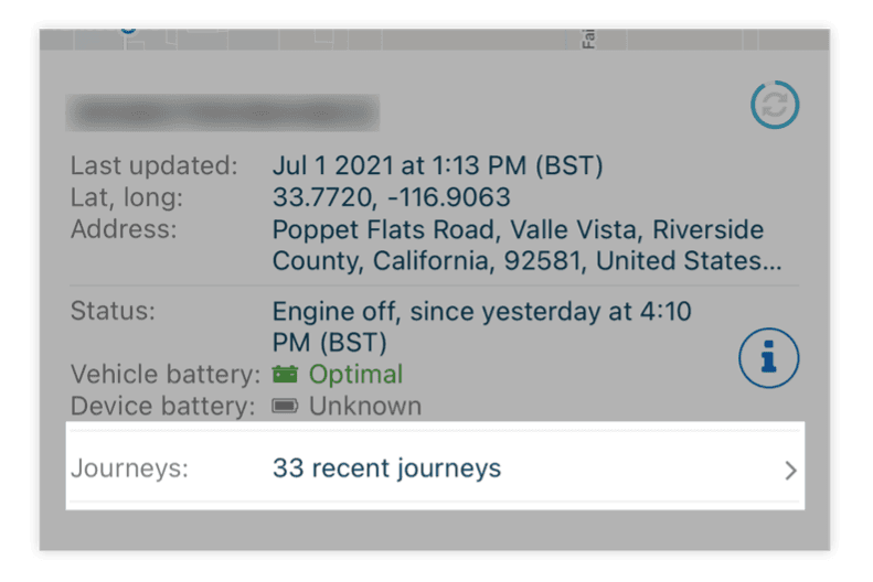 Established Redtail Fleet App showing vehicle and device battery states beside recent journeys
