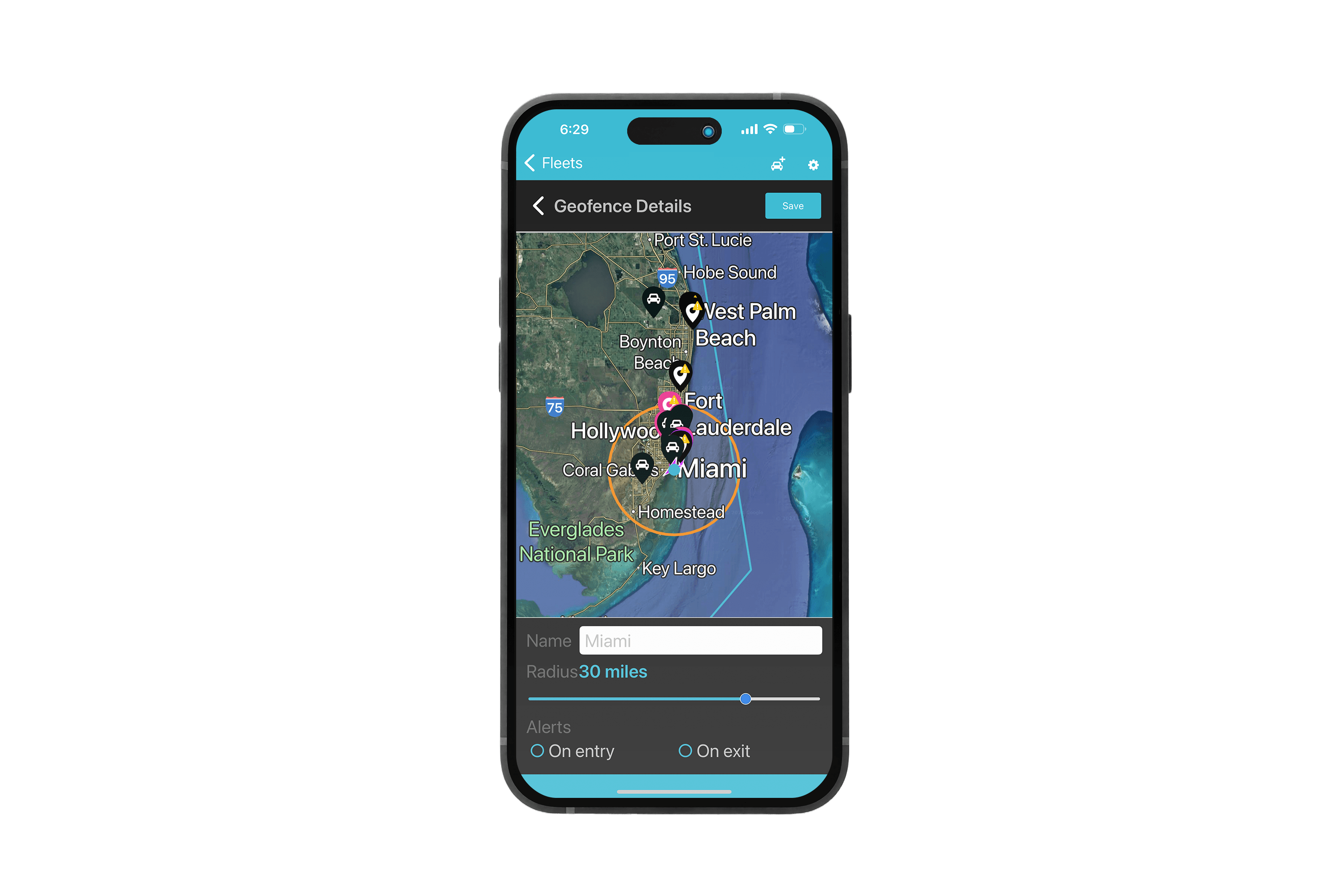 Established Redtail Fleet App artwork showing a geofence boundary and entry and exit alert controls on a satellite map