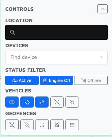 Redtail fleet map controls for device status, vehicles and geofences
