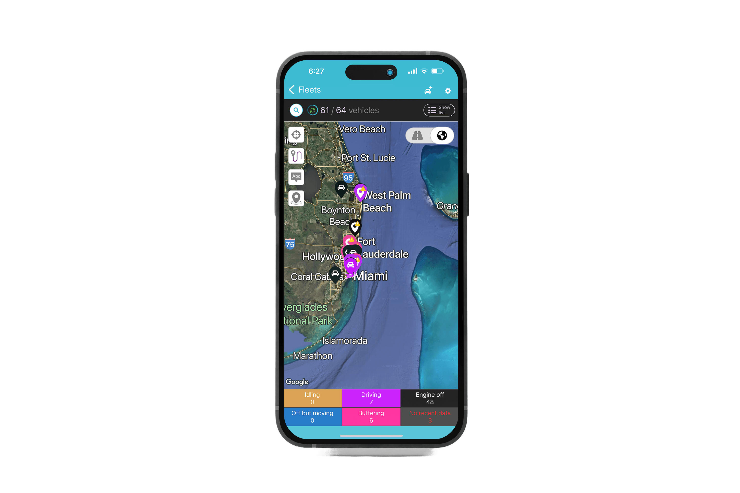 Established Redtail Fleet App artwork showing a satellite map with vehicle locations, event markers and activity filters