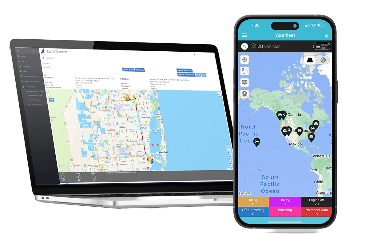 Redtail portal on a laptop beside the established Redtail Fleet App map interface on a phone